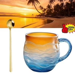 Sea Glass Sunset Glass Mug 12oz, Colorful Oc ean Beach Theme Sunset Mug Hot Sale - Picture 1 of 12