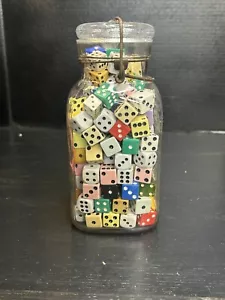 Antique A G Smalley 1896 Embossed Glass Royal Jar Quart Filled W/ Vintage Dice! - Picture 1 of 16