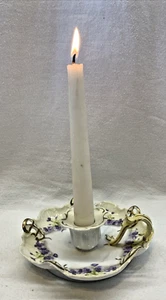 Ceramic Beyer & Bock Candle Holder Floral Violets with Gilt Accents and Handle - Picture 1 of 5
