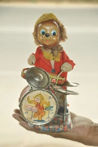 Vintage ALPS Textured Cloth Bunny/ Rabbit Playing Orchestra Litho Tin Toy, Japan - Picture 1 of 13