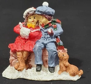 Christmas Village VICTORIAN BOY & GIRL sitting on LOG with DOG figurine children - Picture 1 of 5