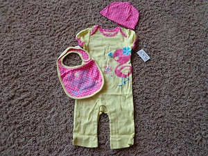 CHILDREN'S PLACE girl's NWT sz 3-6M FLAMINGO coverall hat & bib set yellow/pink  - Picture 1 of 6