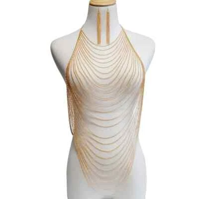 Chic Multilayer Gold Tassel Body Chain With Earrings Adjustable Beach Club - Image 1 of 4