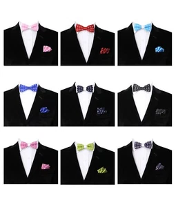 Kids Boys Bow Tie with Pocket Square Pre-tied Polka Dot Satin Dickie Bow Hankie - Picture 1 of 10