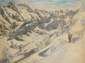 Quadro realista a matita 1970 paesaggio sci in montagna - Foto 1 di 12