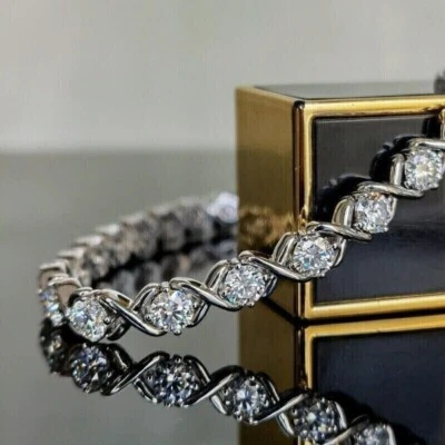 6CT Round VVS1 Moissanite Women's "XO" Tennis Bracelet 14K White Gold Plated 7" - Image 1 of 4