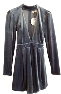 Blue Velvet Playsuit Kiss The Sky Dusky Long Sleeve Pinched Shoulder High V Neck - Picture 1 of 15