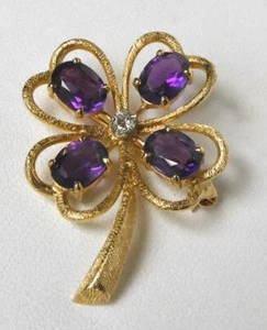 Vintage 14k Gold Amethyst Diamond Four Leaf Clover Shamrock Brooch Pin 7.4g - Picture 1 of 6