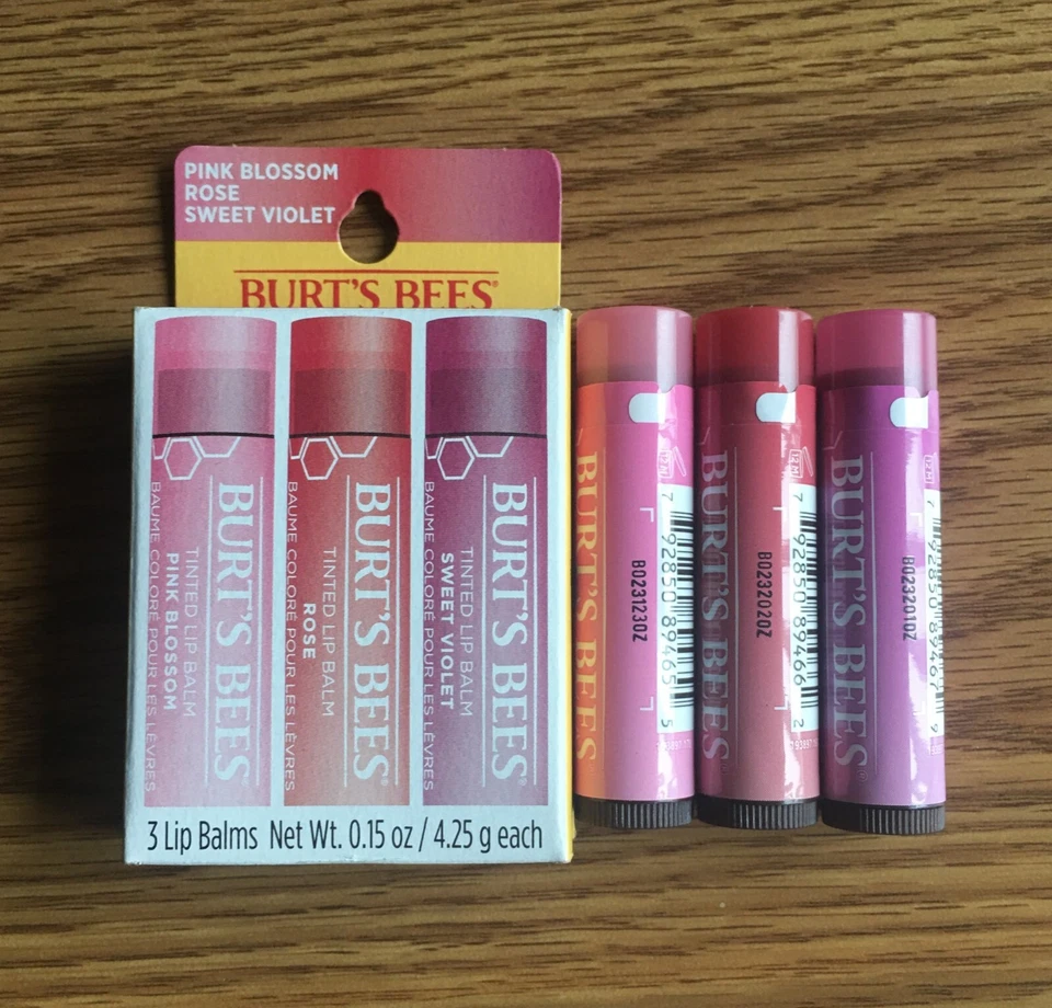 Burt's Bees 100 Natural Tinted Lip Balms 3 PK Pink Blossom/sweet Violet/rose