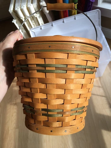 Longaberger Sage Autumn Pail Bucket Basket 2002 with woodcrafts Lid Cover