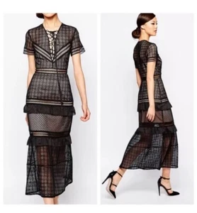 SELF-PORTRAIT Lace-Up Peplum Midi Dress - Black - UK 6/US 2 - Picture 1 of 22