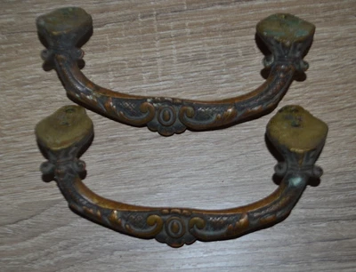 Ancienne paire de poignées fixes en bronze pour porte, tiroir, placard, caisse, - Photo 1/4