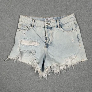 Zara Distressed Cut Off Shorts Damen 4 High Rise Light Wash Button Fly Denim - Bild 1 von 11
