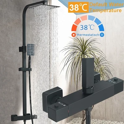 ROZIN Bathroom Thermostatic Exposed Shower Mixer Twin Shower Head Square Bar Set Black