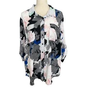 Worthington Women 1X Floral Semi Sheer Colorful Feminine Button Down Top Plus Sz - Picture 1 of 8