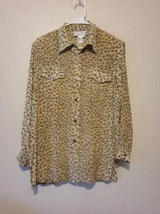 Diane Gilman Animal Print 100% Silk Studded Long Sleeve Button Shirt sz M - Picture 1 of 4