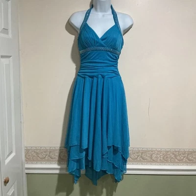 VTG Y2K Trixxi Dress Sz S Blue Fairy Asymmetrical Hem Halter Midi - Image 1 of 4