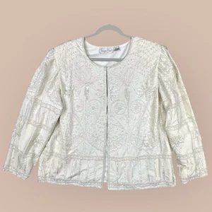 VTG Laurence Kazar Beaded Silk Jacket 2X White Sequins Glam Formal Wedding Rare - Picture 1 of 20