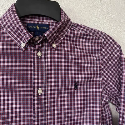 Ralph Lauren Red Blue Plaid Button Down Long Sleeve Shirt Boys Size 7 - Image 1 of 4