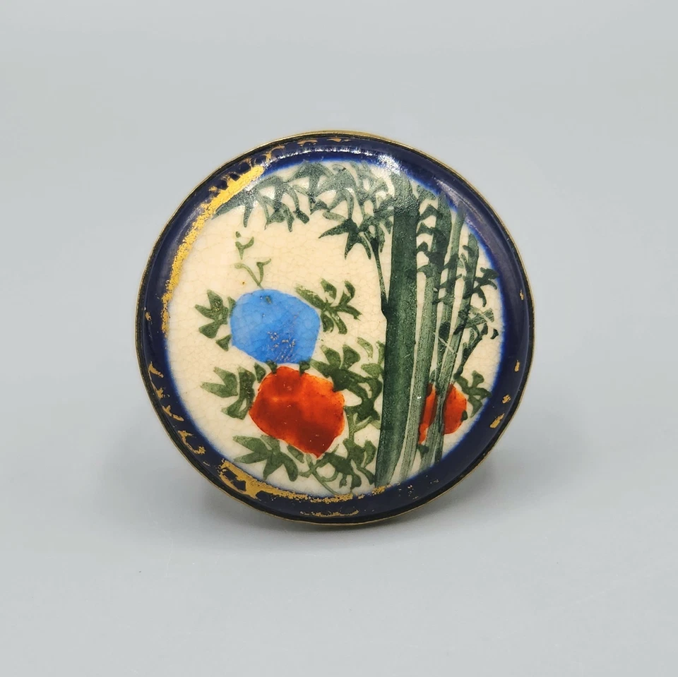 Antique Japan Satsuma Meiji Hand Painted Bamboo Scene Porcelain Button Brooch - Image 1 of 4