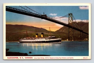 CPR Steamer Ship Arriving Lion's Gate Bridge Vancouver BC Canada Postcard - Picture 1 of 4