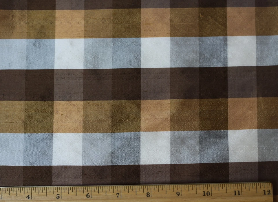 Brown/Gold/White Dupioni Checks 100% Silk Fabric 54" Wide, By The Yard (SD-652A) - Image 1 of 1