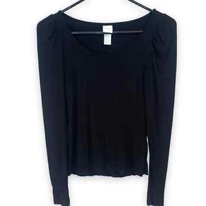 H&M Women's XS Black Rib Knit Long Sleeve Top - Puff Sleeve Viscose Stretch - Picture 1 of 4