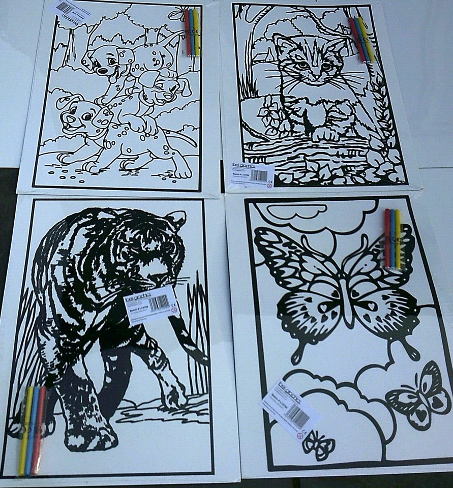 4 Large Velvet Colouring Picture Boards 58 x 38 cm;Tiger, Cat,B/Fly, Dalmations - Image 1 of 1
