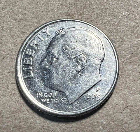 1993 P Roosevelt Dime Off Center Double Strike Mint Error Coin Rare VF Cover