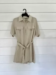 NEW ZARA BEIGE SHORT JUMPSUIT WITH 50% LINEN BELT WAIST 28" SIZE M Y222 (READ) - Picture 1 of 18