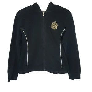 Lauren Ralph Lauren Womens Hoodie Small Black Ribbed Zip Up Jacket Gold Crest - Picture 1 of 12