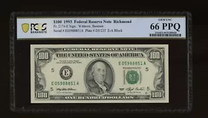 DBR 1993 $100 FRN Richmond Gem Fr. 2174-E PCGS-B 66 PPQ Serial E05988851A - Picture 1 of 2
