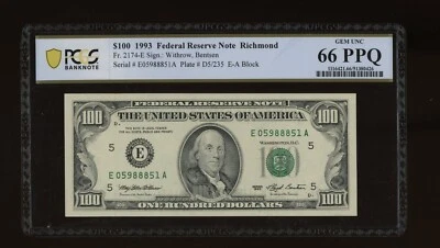 DBR 1993 $100 FRN Richmond Gem Fr. 2174-E PCGS-B 66 PPQ Serial E05988851A - Image 1 of 2