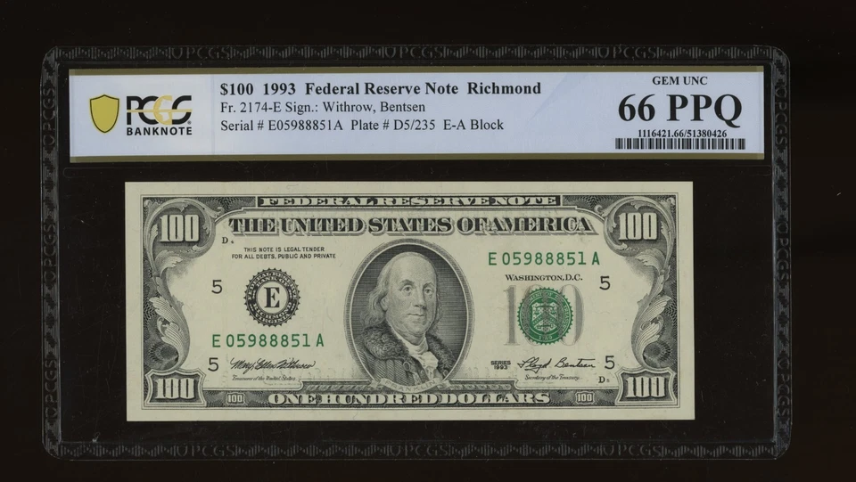 DBR 1993 $100 FRN Richmond Gem Fr. 2174-E PCGS-B 66 PPQ Serial E05988851A - Image 1 of 2