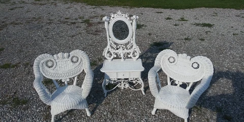 Vintage Childs/Toddler White Wicker Set: 2 Chairs & Vanity Cover