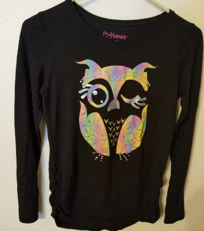 Hanes Niñas Talla XL Búho Negro Camiseta Elástica En Lados Inferior Plata Azul Rosa  Foto 1 de 4