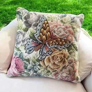 Handmade Needle Point Floral Butterfly Accent Pillow 16” x 16” - Picture 1 of 9