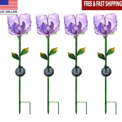 Purple Flower Solar Stake Set/4 Weather Resistant Outdoor Decor Gift Gardeners - Image 1 of 4