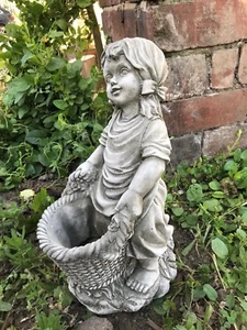 Basket girl planter stone garden ornament cute flower girl pigtails smiling - Picture 1 of 7