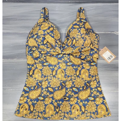 Boden Capri Tankini Top Swim Top Paisley Print Blue and Yellow 34D - Image 1 of 4