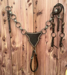 Chocolate Leather Buckstitch Gladiator Style Matching Ring Tack Set with Cowhide - Picture 1 of 1