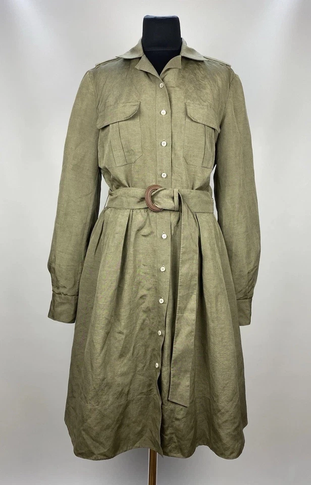 Vestido Camisa Loro Piana Mezcla Lino IT 44 Caqui Cinturón Hecho en Italia Foto 1 de 4