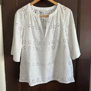 J.JILL | Blusa Campesina Boho Cuello Corbata Dividida Algodón Blanco | Pequeña - Imagen 1 de 8