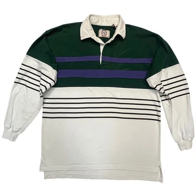 Vintage Sears Roebuck 90s Rugby Shirt Long Sleeve Striped Green Purple Size L - Image 1 of 4