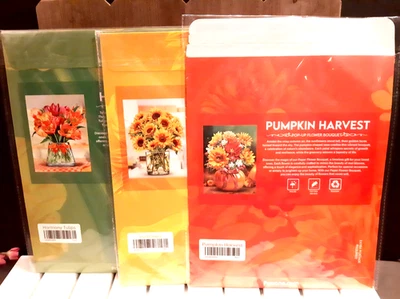 3 TARJETAS DE RAMO DE FLORES POP UP DE PAPEL 3D Paeone Cosecha de calabaza y girasol, tulipán Foto 1 de 4
