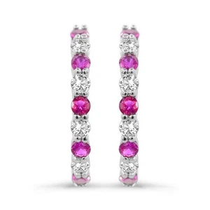 925 Sterling Silver Lab Created Ruby & Lab Created White Sapphire Hoop Earrings - Picture 1 of 2