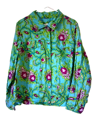 Lucy & Laurel 100% Linen Jacket 2X Aqua Pink Floral Long Sleeve Lagenlook - Image 1 of 4