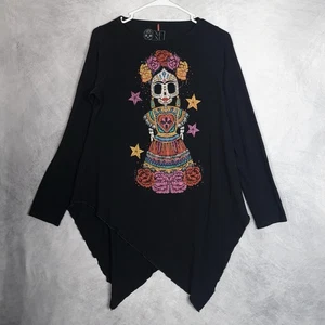 Ay Guey Tunika Shirt Damen Large schwarz Asym Saum bestickt Totenkopf Herz Rose - Bild 1 von 21