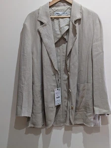 Zara Linen Jacket Medium Size 12-14 Beige Outerwear Cottagecore Boho BNWT  - Picture 1 of 13