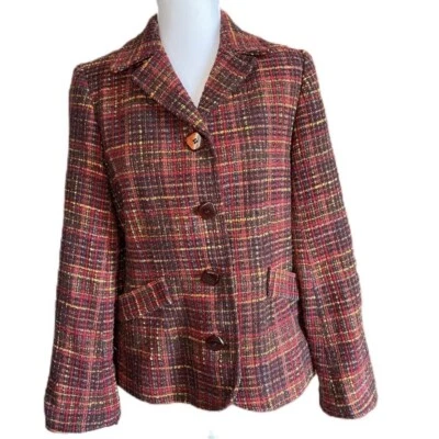 Chaqueta Blazer RQT Para Mujer Granate Tejido a Cuadros Mezcla de Lana Talla 12 Pequeña Foto 1 de 4